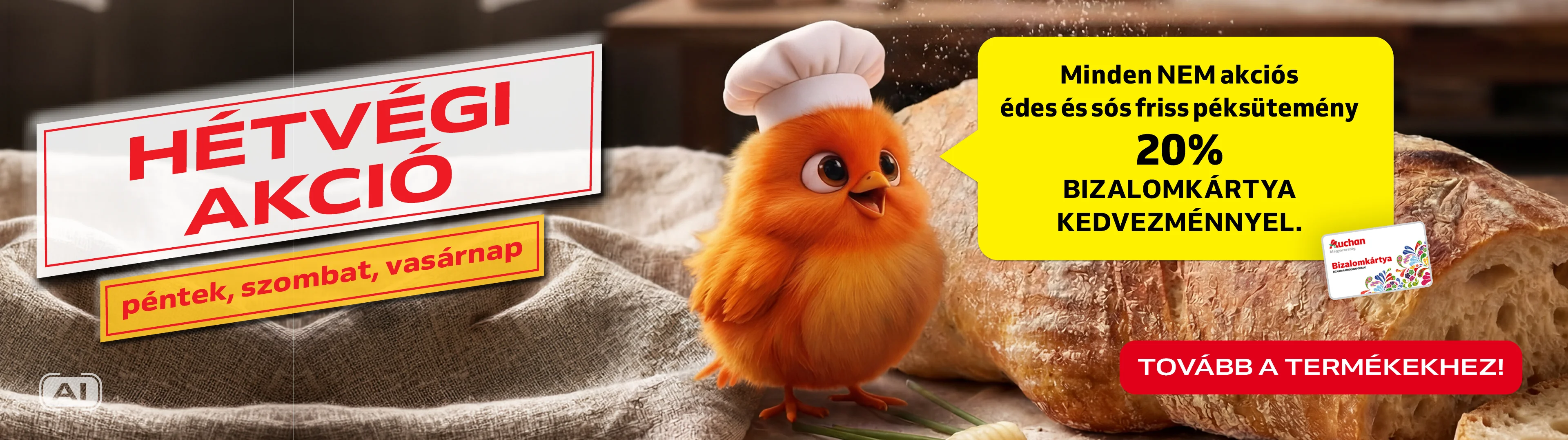Minden nem akciós édes és sós friss péksütemény 20% BK kedvezménnyel.