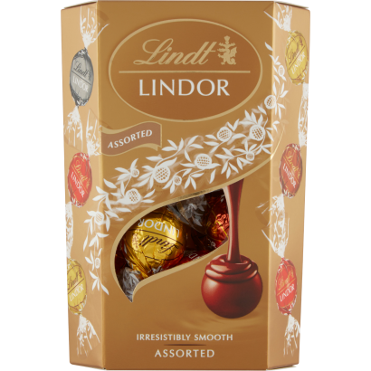 Lindt Lindor Tejcsokoládé, Fehércsokoládé és Extra étcsokoládé Pralinék Töltelékkel 200 G