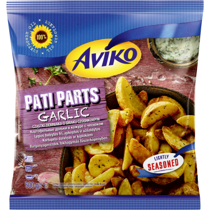 Aviko Pati Parts Garlic Elősütött-gyorsfagyasztott Burgonyagerezdek Fokhagymás Fűszerköpenyben 600 G