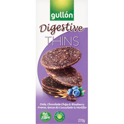 Gullón Digestive Thins Keksz Csokoládé Darabkákkal és áfonyával 270 G