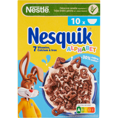 Nestlé Nesquik Alphabet Betű Formájú, Kakaós ízű, Ropogós Gabonapehely Vitaminokkal 325 G