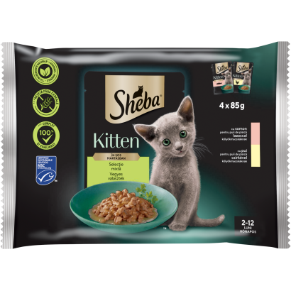 Sheba Kitten Teljes értékű Nedves Eledel Kölyökmacskáknak Vegyes Választék 4 X 85 G (340 G)