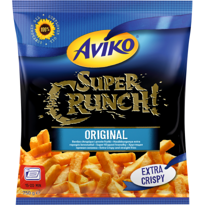 Aviko Super Crunch Original Elősütött Gyorsfagyasztott Hasábburgonya Extra Ropogós Bevonattal 750 G