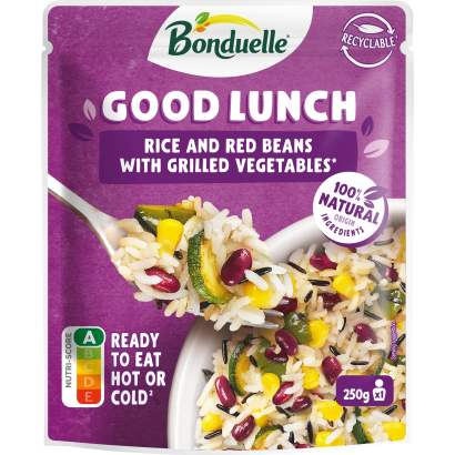 Bonduelle Good Lunch Vörösbab, Rizs, Csemegekukorica, Grillezett Zöldségek Keveréke 250 G