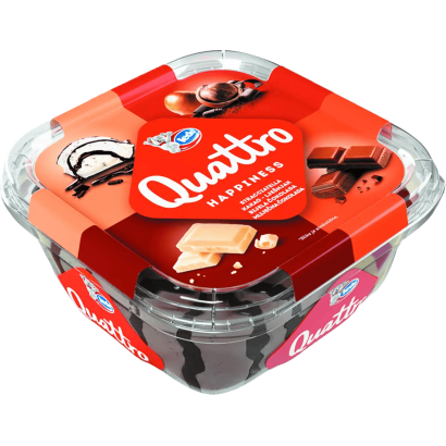 Ledo Quattro Happiness Csokoládés, Kakaós-mogyorós, Fehér Csokoládés, Vaníliaízű Jégkrém 1650 Ml