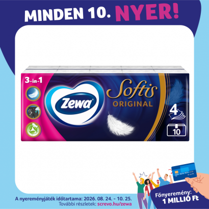 Zewa Softis Original Illatmentes Papír Zsebkendő 4 Rétegű 10 X 9 Db